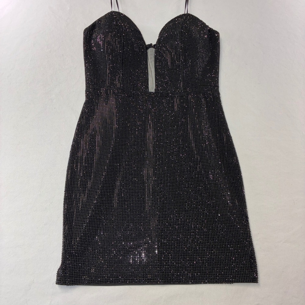 409 Akira Rhinestone Mesh Mini Dress S Black Deep V-Neck Bodycon Spaghetti Strap